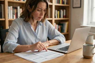 Femme consultant des documents de mutuelle santé à son bureau à domicile