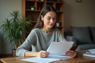 Femme consultant un document Cofidis tout en tenant un smartphone pour trouver un numéro de contact non surtaxé