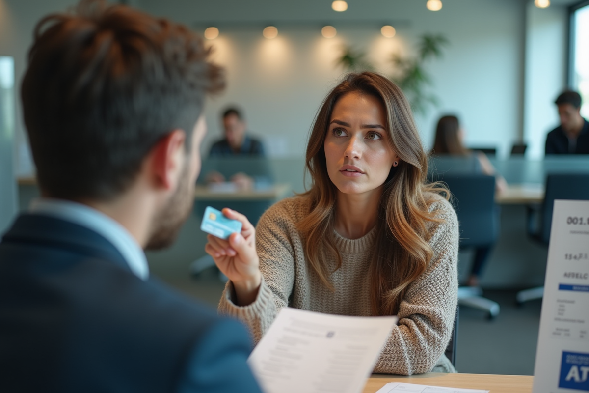 Femme dans une agence bancaire tendant sa carte bancaire