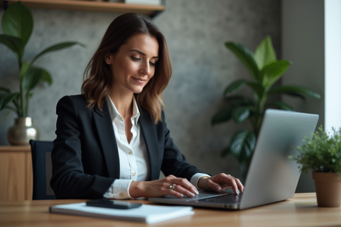 Femme confiante analysant des graphiques crypto au bureau