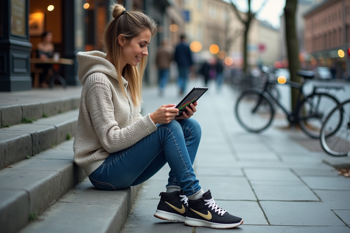 Femme assise sur les escaliers urbains avec tablette crypto