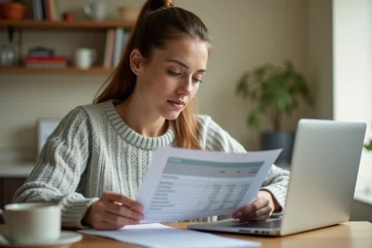 Femme consultant des documents de restitution de caution Crédit Logement sur une table en bois avec un ordinateur portable