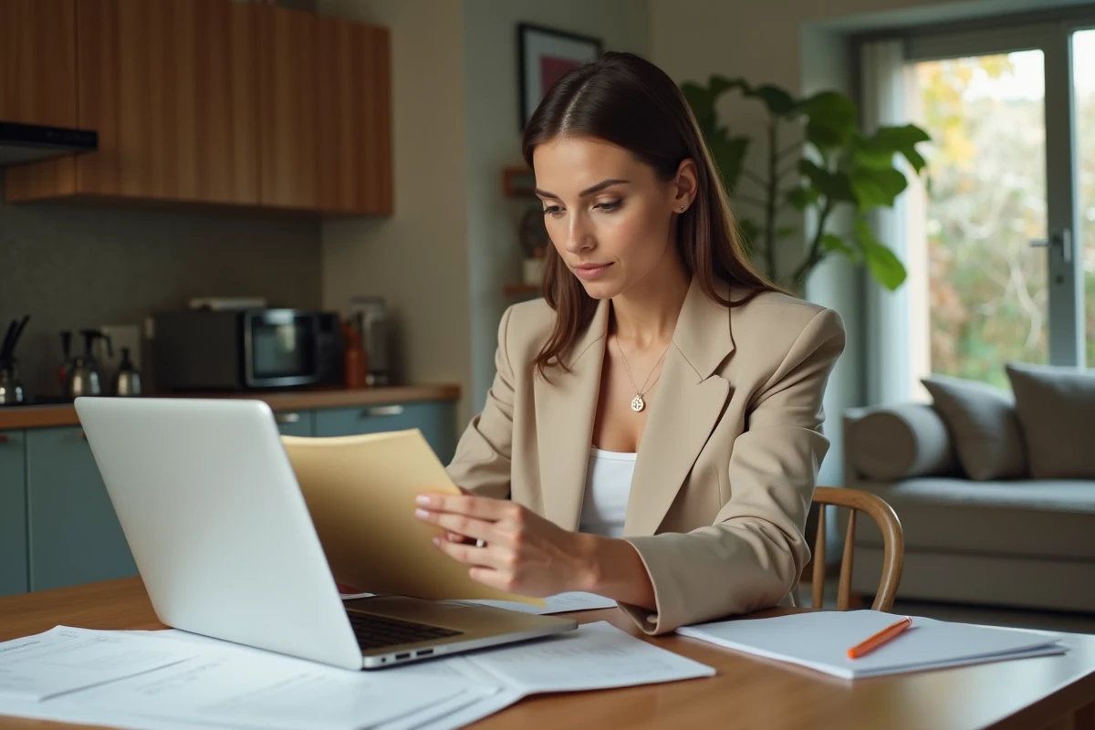 Femme examine un dossier notaire à la maison