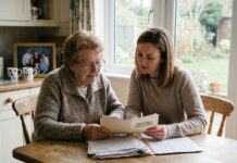 Femme âgée et fille examinant documents de confiance