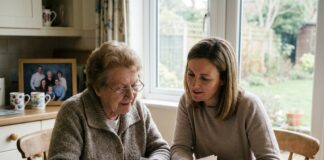 Femme âgée et fille examinant documents de confiance