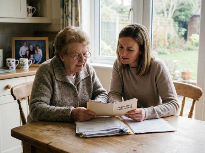 Femme âgée et fille examinant documents de confiance