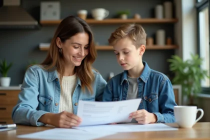 Femme et enfant examinant des documents à la maison