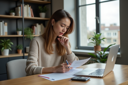 Jeune femme à la maison préparant ses documents de prêt étudiant