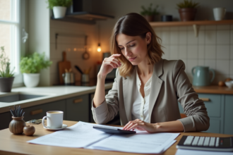 Femme française en blouse et blazer examine des documents de prêt
