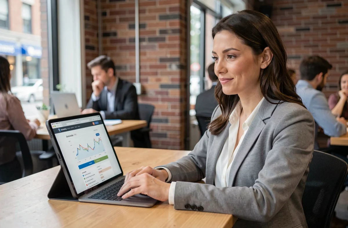 Jeune femme investisseuse consultant un site de conseils boursiers en ligne sur une tablette dans un espace de coworking
