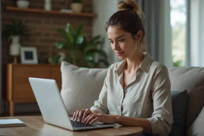 Femme d'âge moyen utilisant un ordinateur portable dans un salon moderne