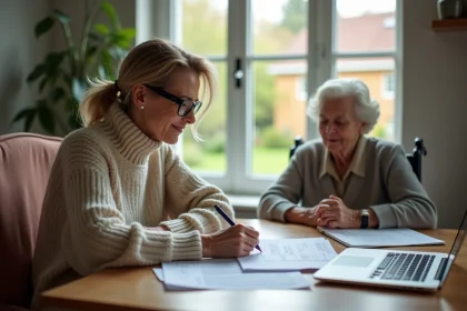 Femme lisant des papiers avec sa mère en fauteuil