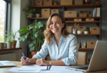 Femme lisant des documents de pret à la maison