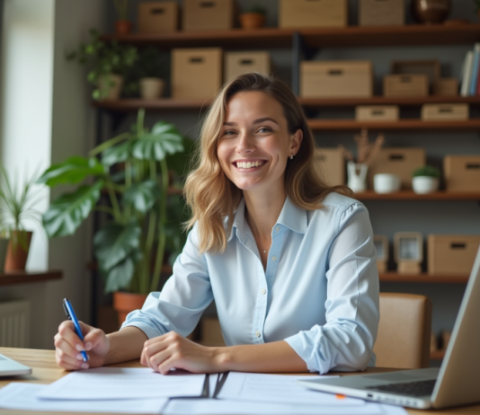 Femme lisant des documents de pret à la maison