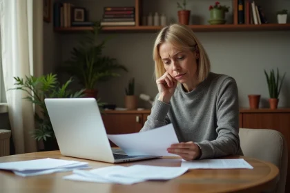 Femme lisant une lettre officielle de la CPAM à la maison