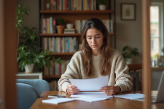Femme lisant des documents dans un intérieur chaleureux