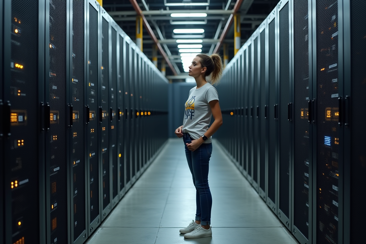 Jeune femme dans un centre de données minant du Bitcoin