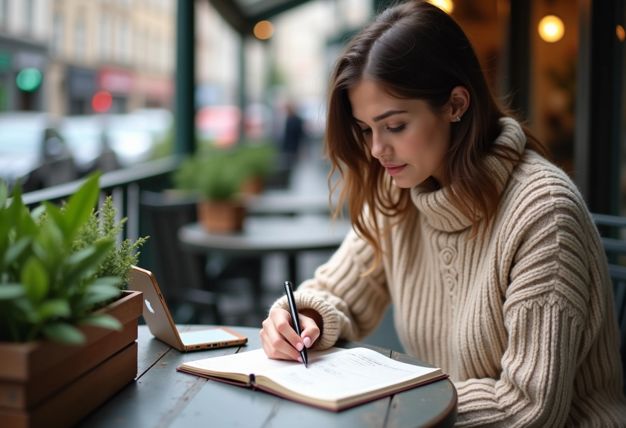 Jeune femme notant résultats Euromillions au café