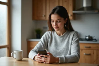 Femme consultant les notifications de son application bancaire Crédit Agricole sur smartphone dans une cuisine moderne