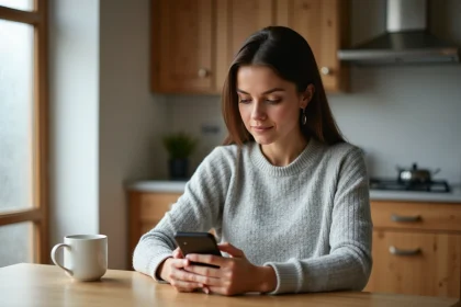 Femme consultant les notifications de son application bancaire Crédit Agricole sur smartphone dans une cuisine moderne
