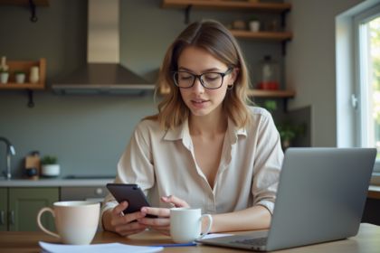 Jeune femme utilisant une application bancaire sur smartphone à la maison