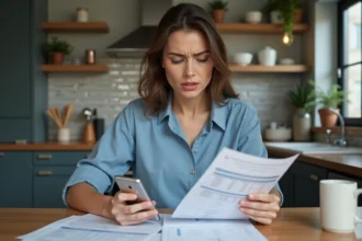Femme examinant un relevé bancaire à la maison