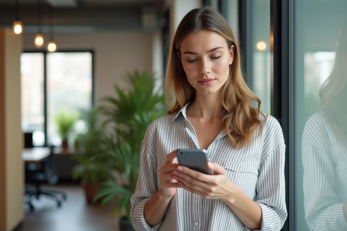Femme activant les paramètres d'alertes e-mail et SMS de son espace Nickel sur smartphone dans un espace de coworking