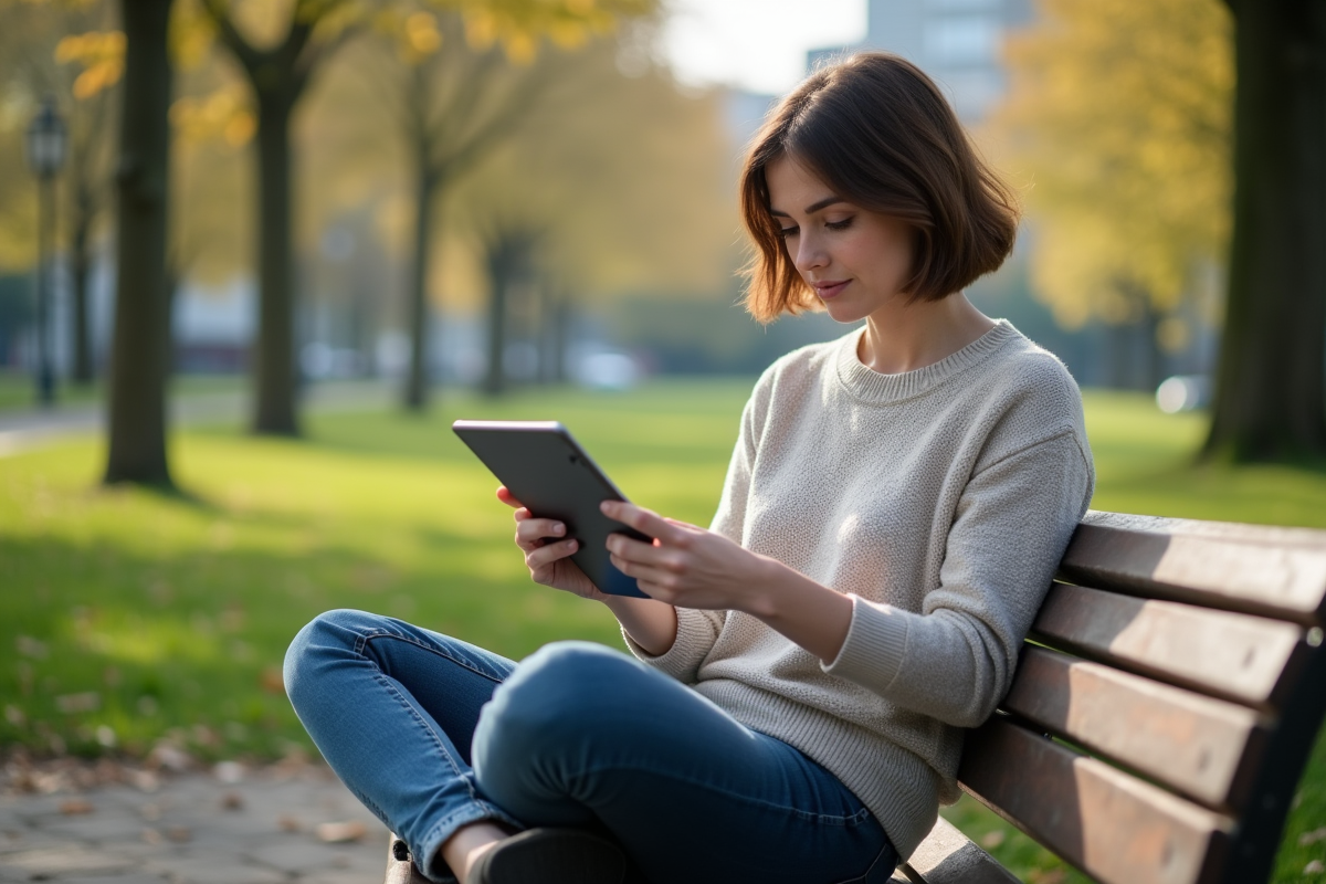 Femme assise sur un banc de parc utilisant une tablette pour suivre des tendances