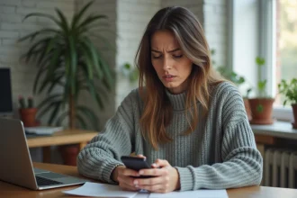 Jeune femme inquiète consultant son application Vinted sur smartphone pour un problème de porte-monnaie Mangopay