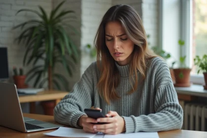 Jeune femme inquiète consultant son application Vinted sur smartphone pour un problème de porte-monnaie Mangopay