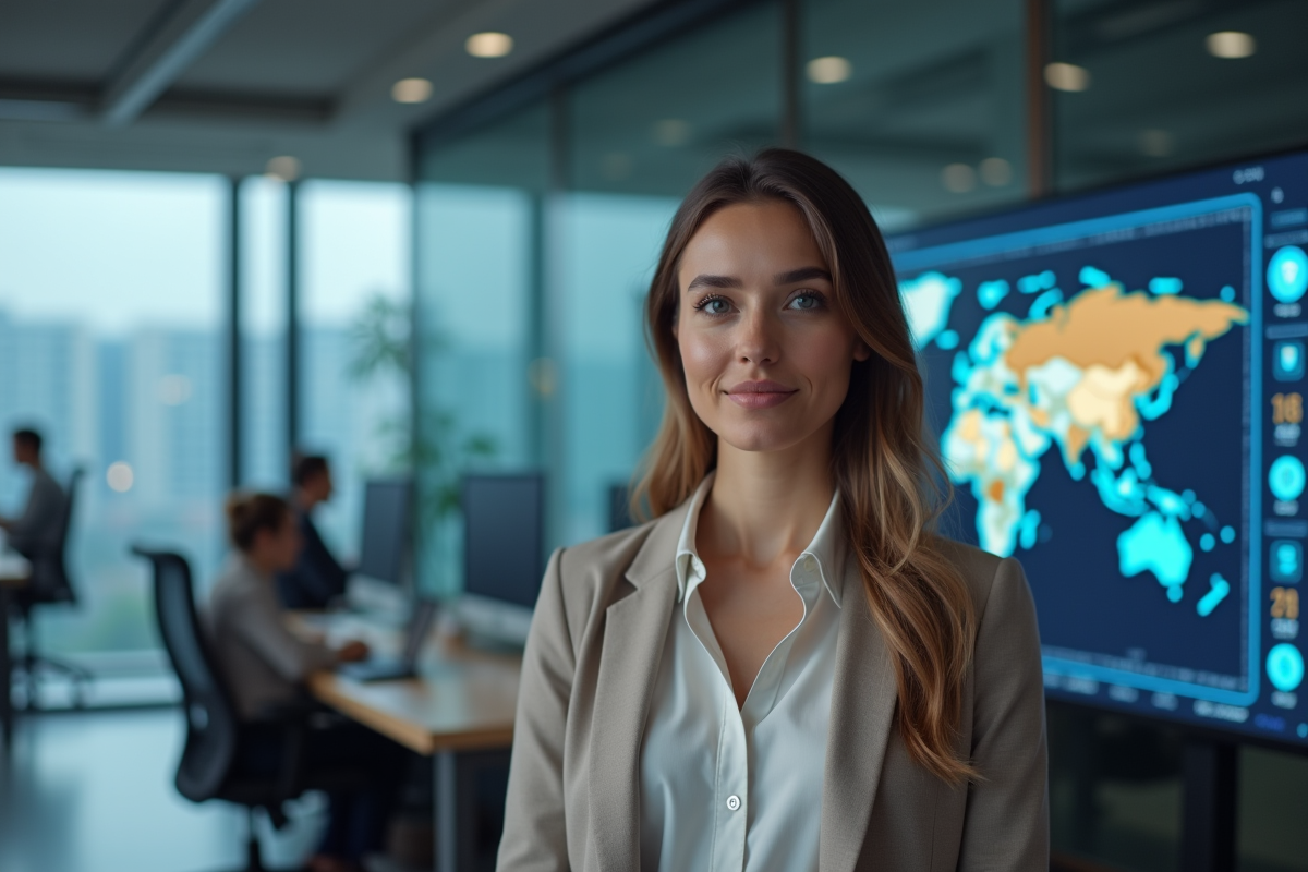 Jeune femme en business devant un écran de crypto et régulation