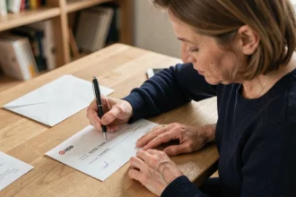 Femme remplissant un chèque pour une association sportive à son bureau à domicile