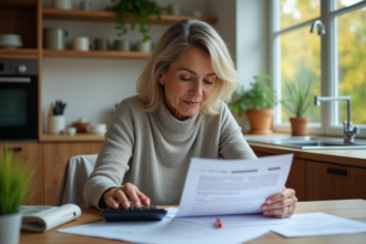 Femme d'âge moyen examinant des papiers de retraite dans une cuisine moderne