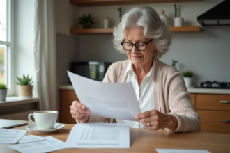 Femme retraitée souriante lisant un document dans la cuisine