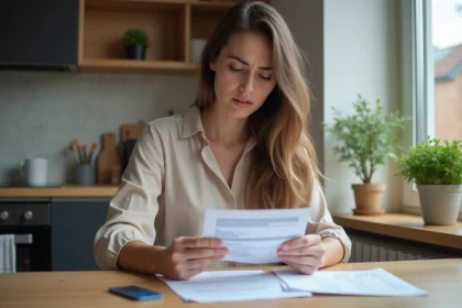 Jeune femme regardant ses relevés bancaires à la maison