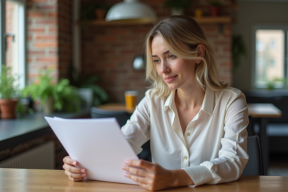 Femme attentive examinant des documents dans un appartement moderne