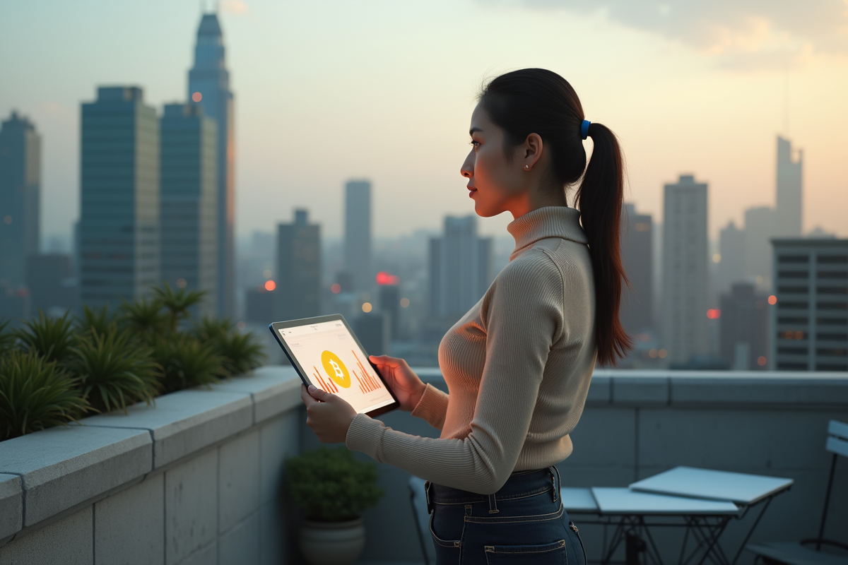 Femme confiante sur un rooftop avec tablette Bitcoin