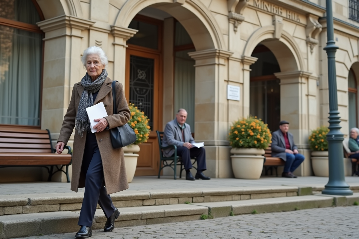 Femme senior montant les escaliers de la mairie en marchant dignement