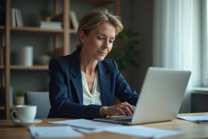 Femme utilisant un service administratif en ligne sur son ordinateur portable pour accéder au CAFC ou Crcafc