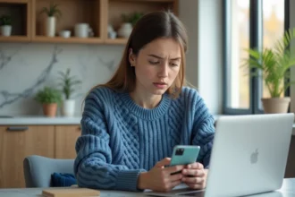 Jeune femme regardant son smartphone avec une carte digitale