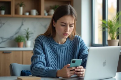 Jeune femme regardant son smartphone avec une carte digitale