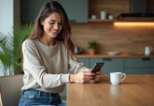 Obtiens facilement un prêt grâce à ces applications ! Besoin d’argent vite ? Jeune femme souriante utilisant son smartphone dans une cuisine moderne