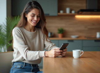 Obtiens facilement un prêt grâce à ces applications ! Besoin d’argent vite ? Jeune femme souriante utilisant son smartphone dans une cuisine moderne