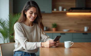 Jeune femme souriante utilisant son smartphone dans une cuisine moderne