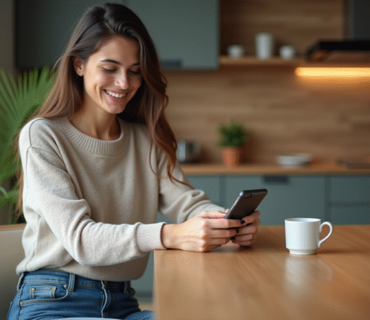 Obtiens facilement un prêt grâce à ces applications ! Besoin d’argent vite ? Jeune femme souriante utilisant son smartphone dans une cuisine moderne