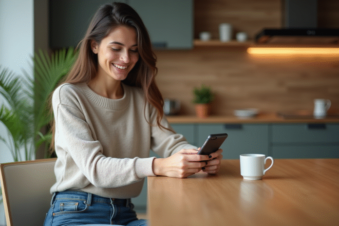 femme-smartphone-cuisine Jeune femme souriante utilisant son smartphone dans une cuisine moderne