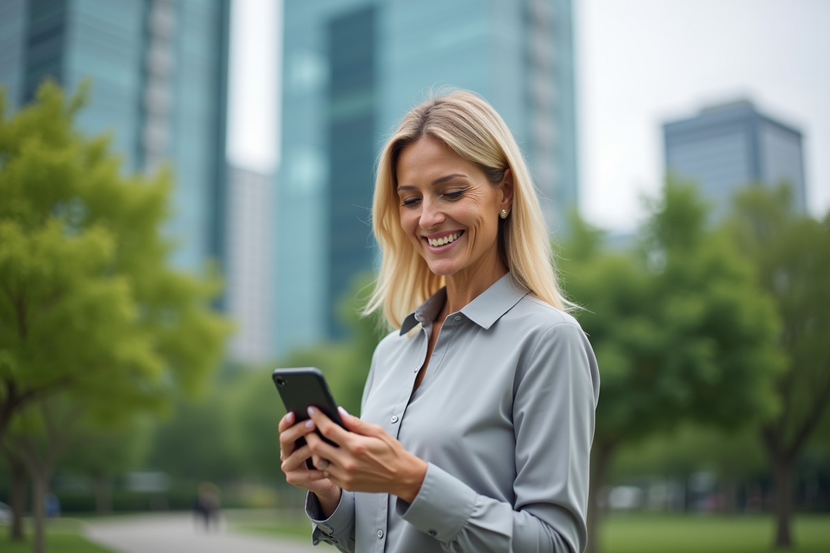 Femme souriante utilisant son smartphone en plein air