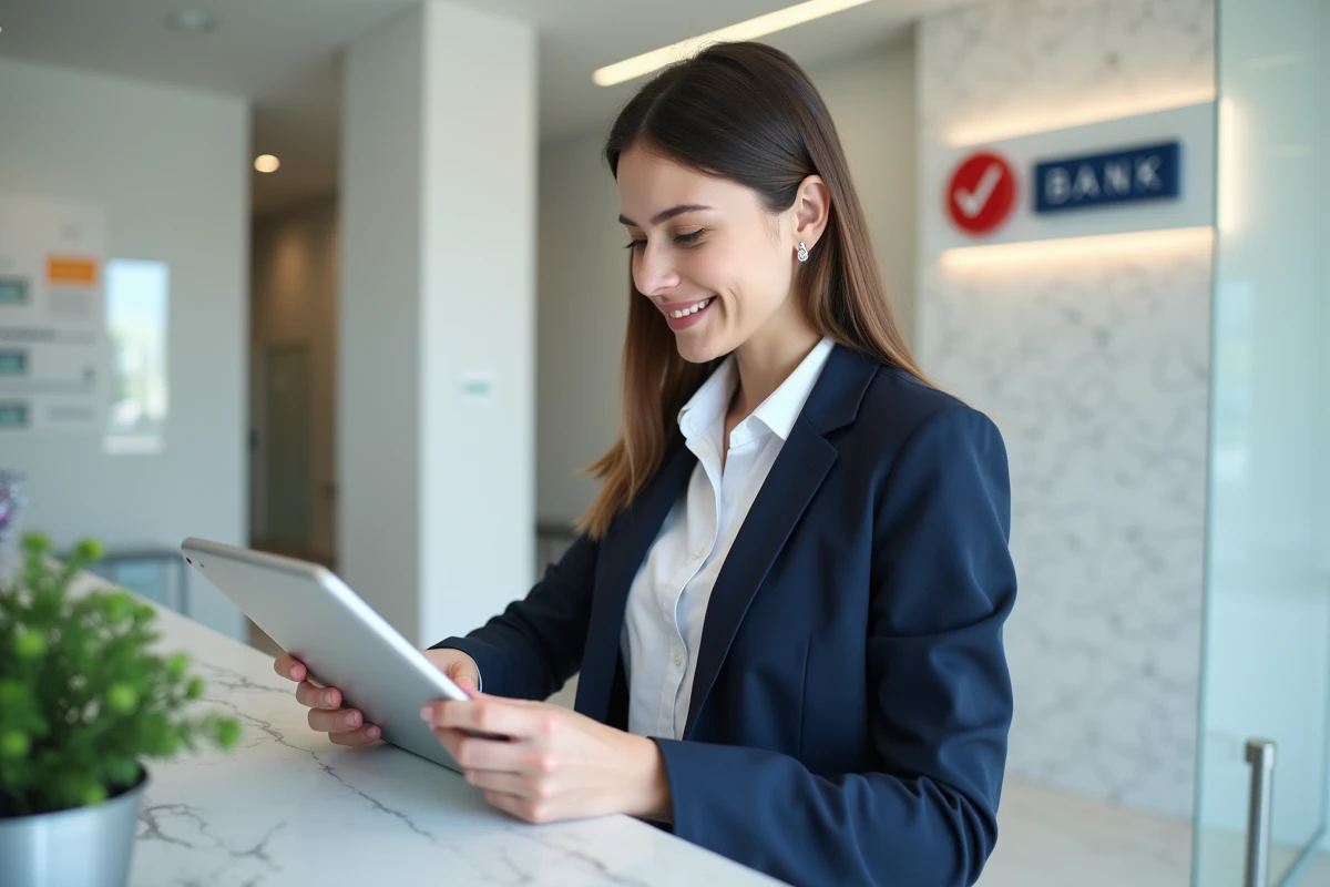 Femme souscrivant un crédit Flex LCL sur tablette dans une agence bancaire moderne