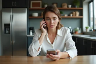Femme en cuisine tenant un téléphone à l'oreille