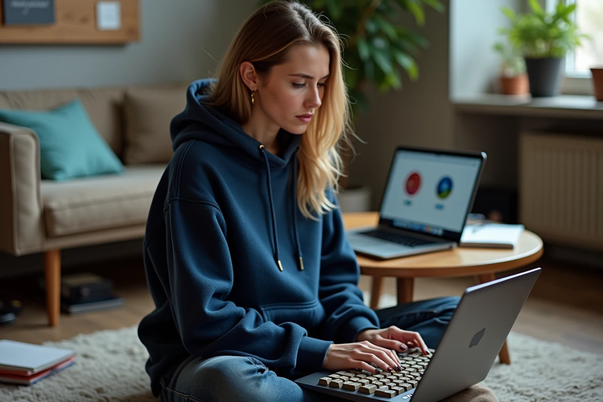 Femme testant un clavier mécanique personnalisé coloris GMK Fortune dans un studio créatif avec notes de référence sur ordinateur portable